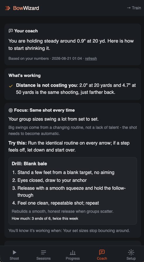 The Coach tab: what's working, what to work on, a next goal