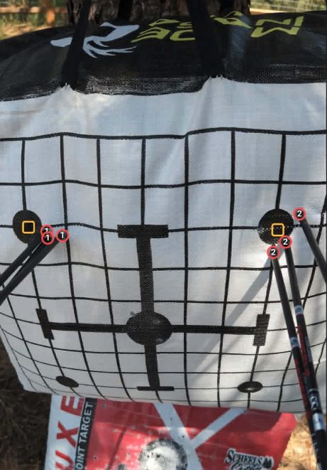 A bag target with every arrow found and each aim spot marked